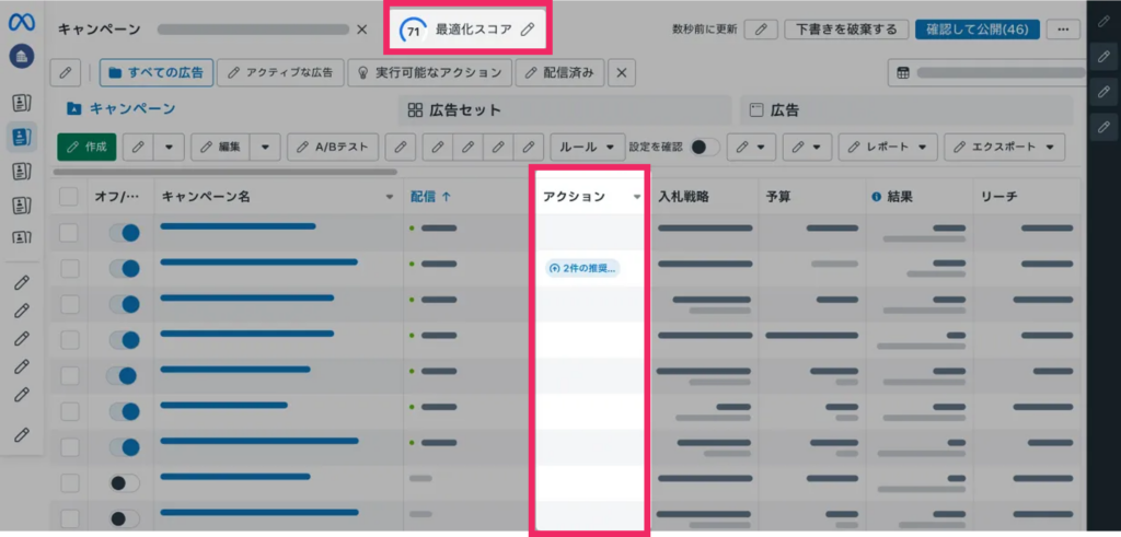 最適化スコアの表示場所