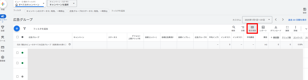 Google広告_表示項目の選択